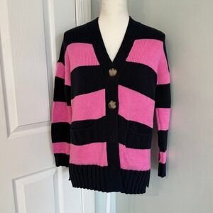Loft Chunky Knit Cardigan Sweater Navy Blue Pink Stripe Petite Small NWT Spring